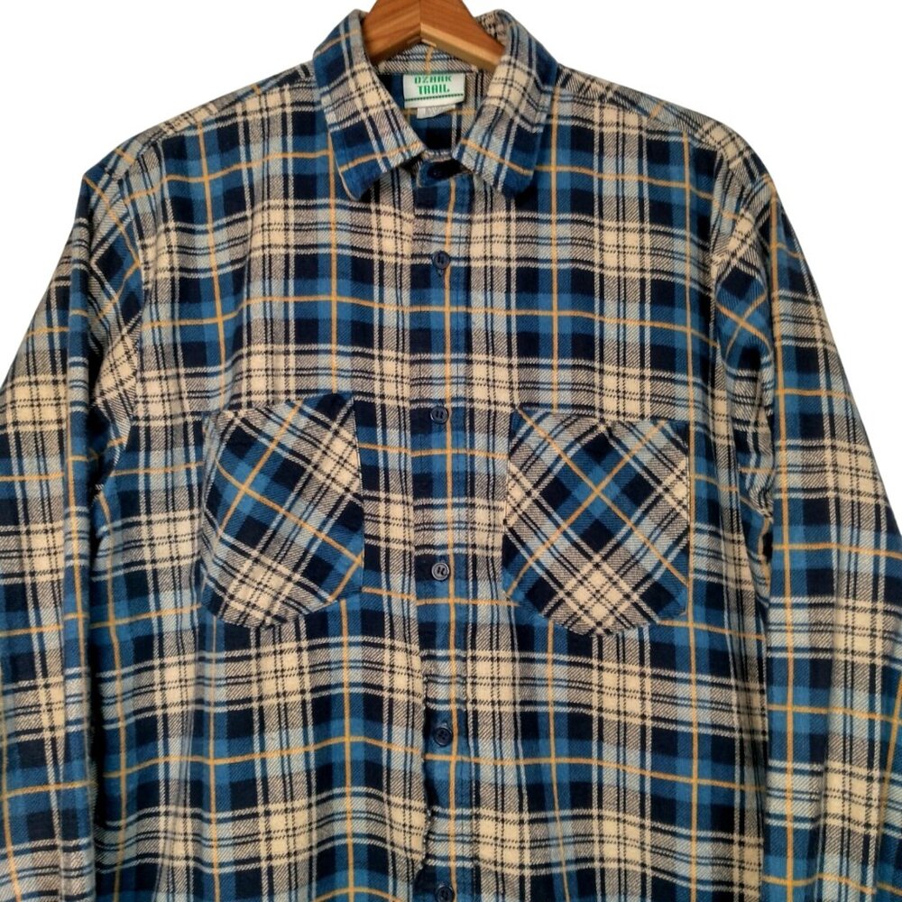Vitage Ozark Trail Flannel Shirt Men Medium Blue Yellow Plaid Clssic Work Grunge - Picture 1 of 15